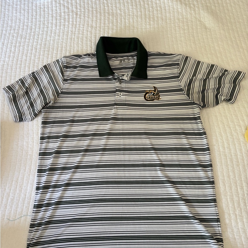 Russell Athletic Green and White UNC Charlotte golf shirt.